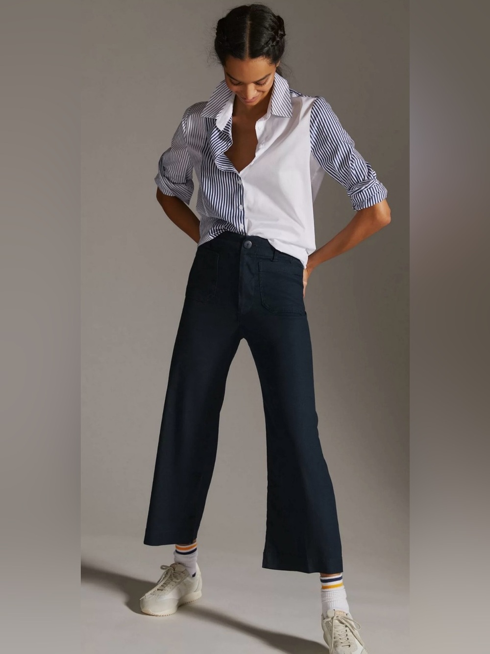 Anthropologie Maeve The Colette Cropped Linen Wide-Leg Pants navy US 6